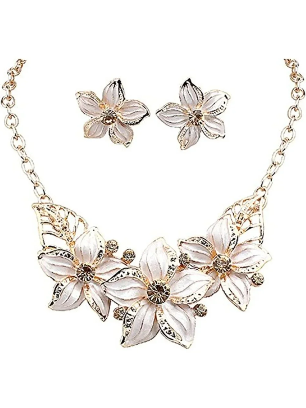 Elegant Crystal Flower Statement Jewelry Set - Gold Plated Necklace & Earrings